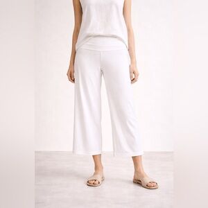 Eileen Fisher White Organic Cotton Wide Leg Cropped Pants Fold Over Waist L